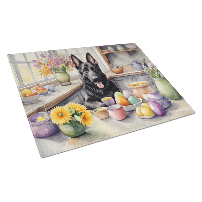 Décoration d'une planche à découper en verre de berger allemand de Pâques