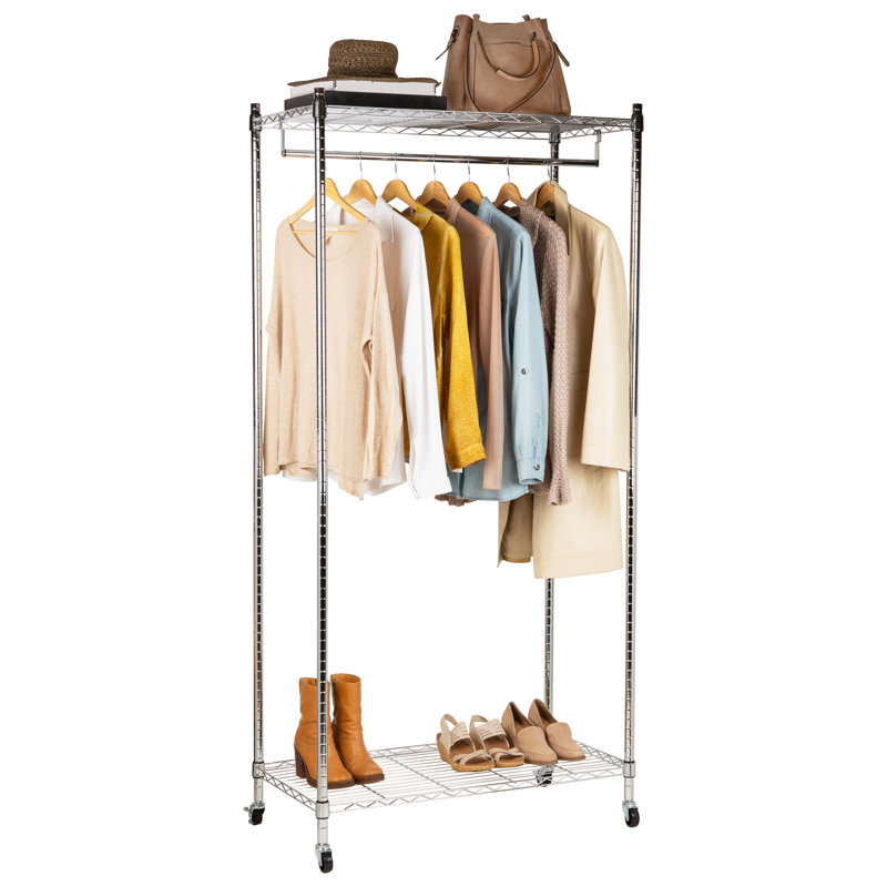 Portant à vêtements robuste avec barre ajustable, double tablettes et roues verrouillables Mind Organiser
