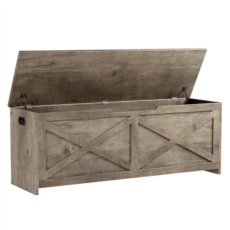 Farmhouse Wooden Storage Chest Bench with Safety Hinge for Entryway Bedroom, Washed Grey, Gray