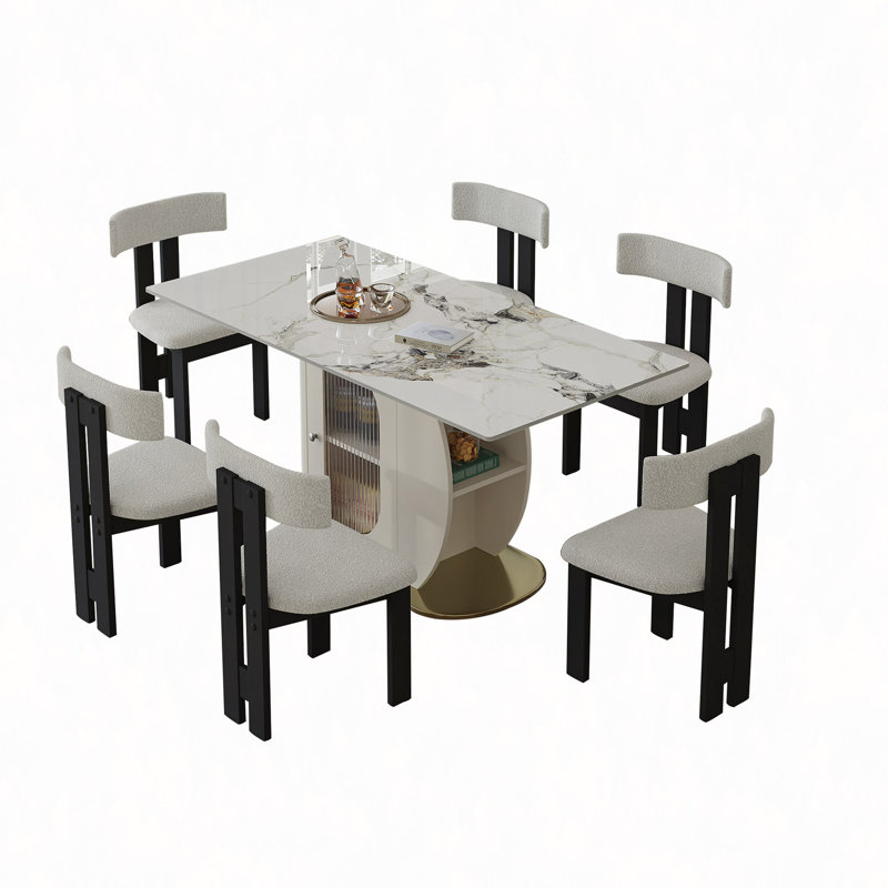 Ensemble de table de salle à manger 63 "pour 4 à 6 personnes avec rangement, base en bois massif de table en pierre brûlée, comprend 6 chaises en velours pour la cuisine, appartement