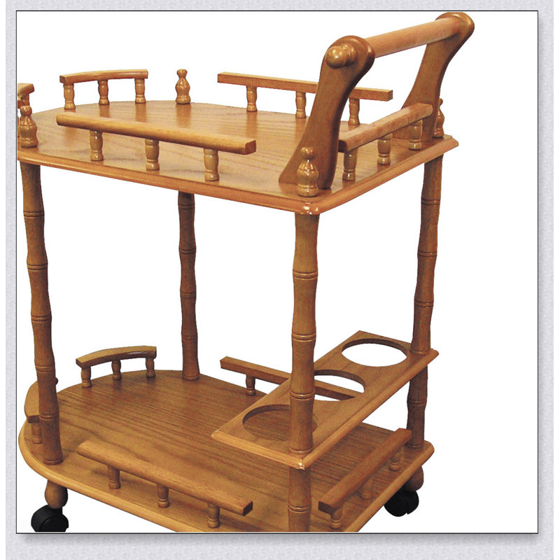 Grande table à vin en bois à 2 niveaux de 29 pouces avec finition en chêne et roulettes verrouillables pour une utilisation polyvalente et un rangement élégant