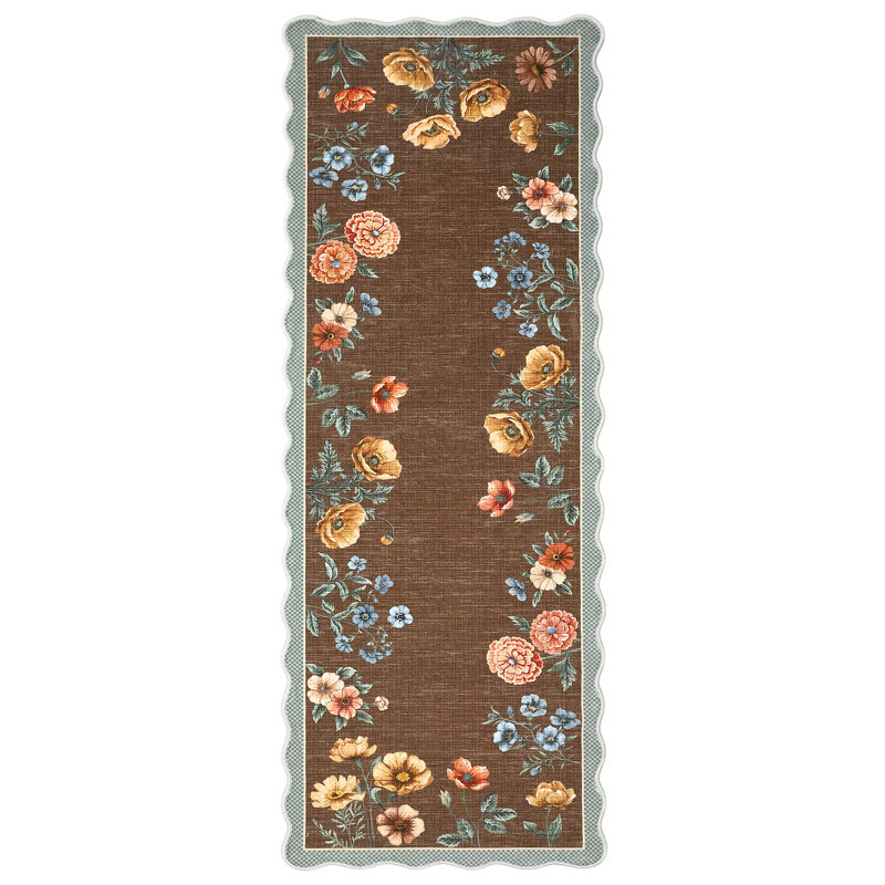 Farmhouse Floral Machine Washable Rug with Non Slip TPR Backing, Soft Non Shedding Scalloped Carpet, Low Pile Thin Floor Mats