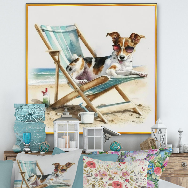 Chien couché sur une chaise à la plage III - reproduction sur toile, H 16 po x l 16 po x P 1 po, Toile avec cadre flottant or