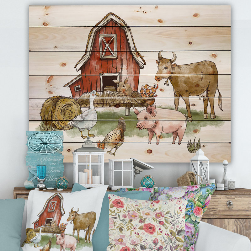 Ferme avec cochon de vache oie et botte de foin - impression rustique sur bois de pin naturel, H 30 po x l 40 po x P 0,78 po