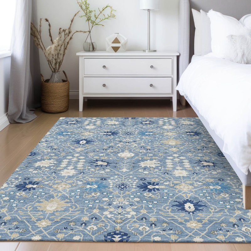Blue and Beige Flat Woven Rectangular Synthetic Rug
