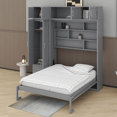 Grand lit escamotable mural avec armoire, tablettes et garde-robe