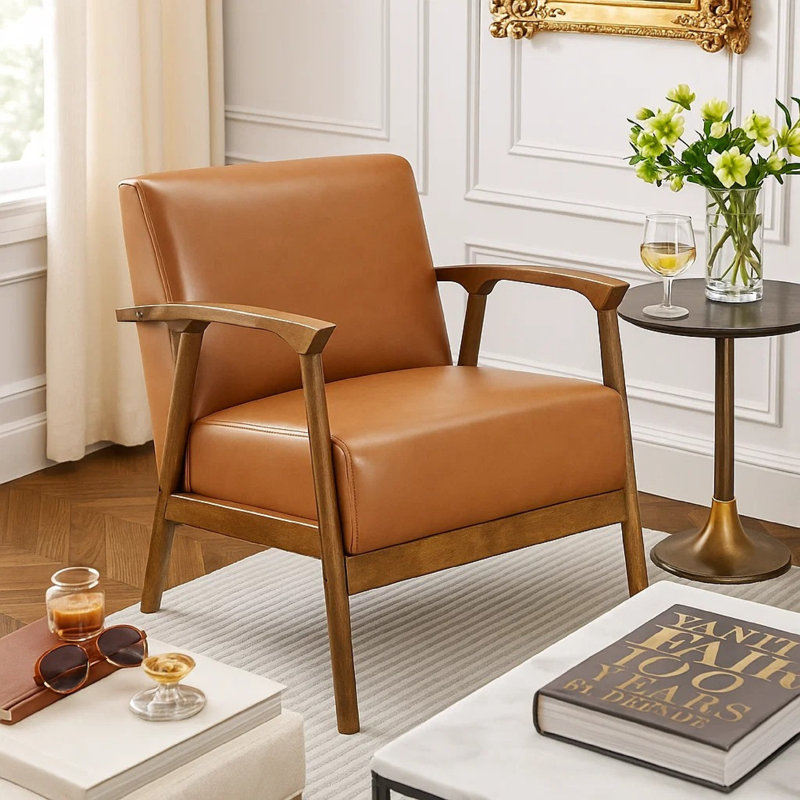 Chaise d'appoint Eva, coussins rembourrés de mousse, similicuir brun et structure en bois