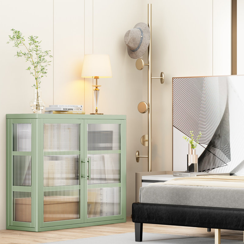 Zaine Double Glass Door Wall Cabinet With Detachable Shelves for Office, Light Mint Green