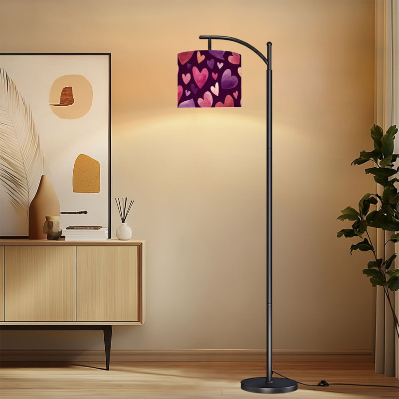 Lampe sur pied arquée avec abat-jour réglable, motif cœurs colorés, 3 températures de couleur, intensité variable, lampe sur pied avec interrupteur au pied pour chambre à coucher
