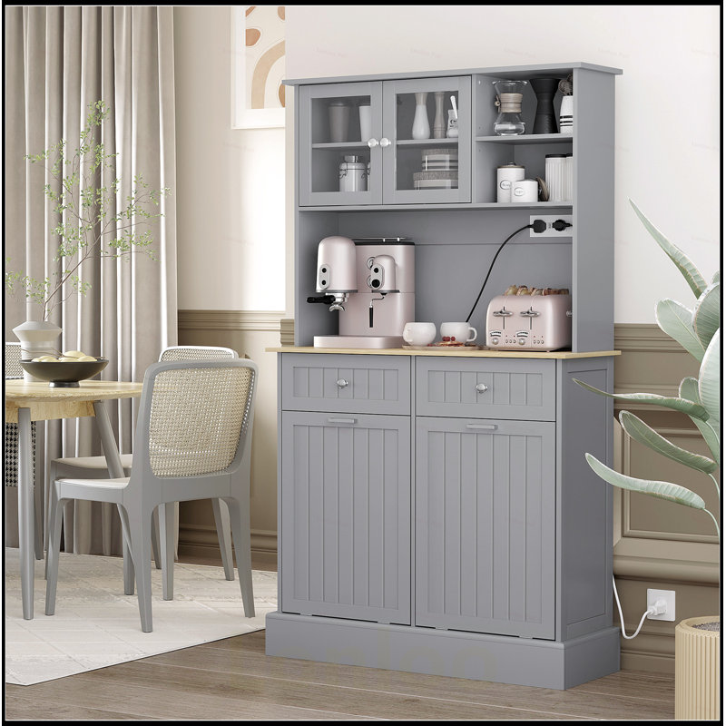 Kitchen Pantry Storage Cabinet with Charging Station, 2 Tilt Out Trash Cabinets, and Microwave Stand, Freestanding Hutch with Glass Doors and Adjustable Shelf