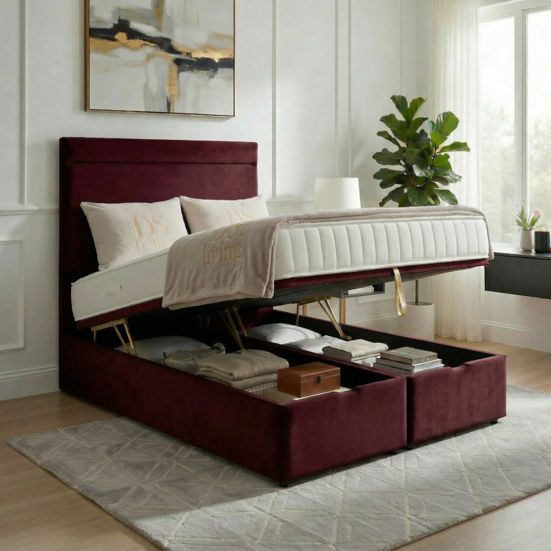 Upholstered Ottoman Bed, King, Maroon