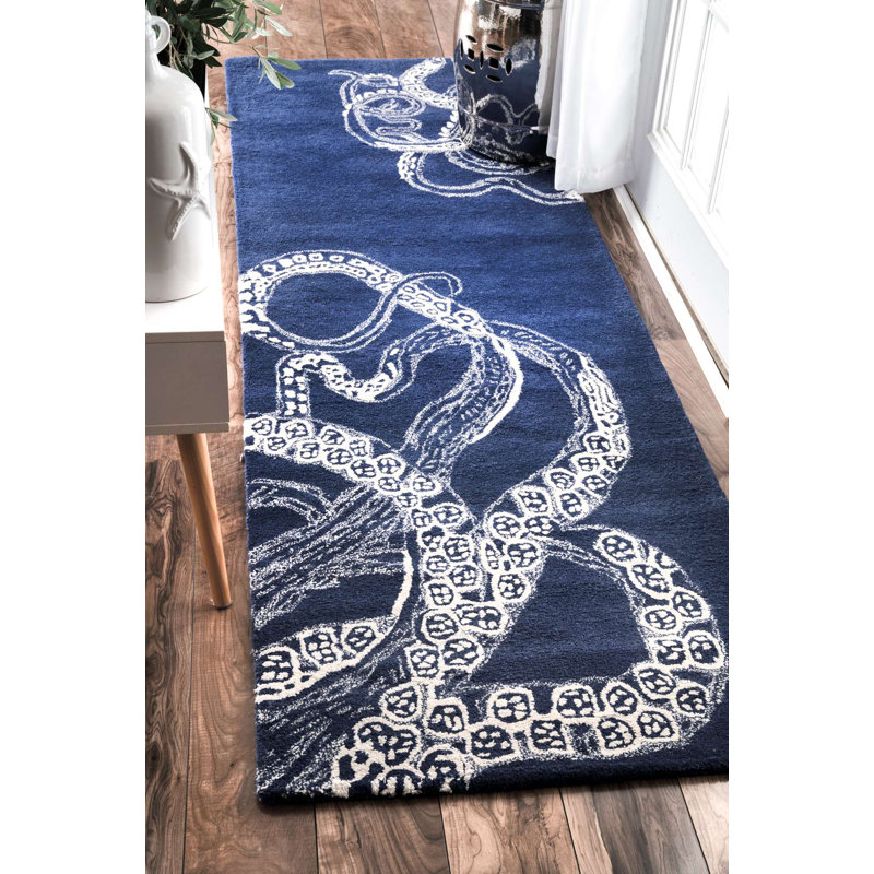 Tapis bleu marine touffeté à la main à motif animalier Shewmaker, Tapis de couloir 2 pi 6 po x 8 pi