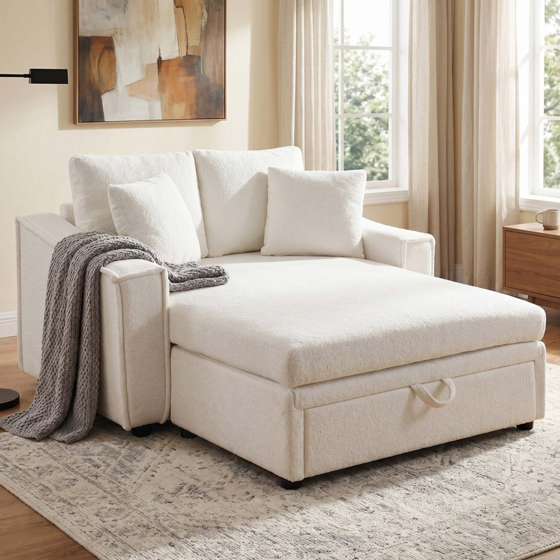 Canapé-lit moderne avec rangement dissimulé et coussins, Velours beige
