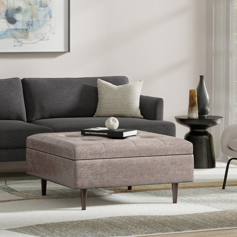 Shay 38" Distressed Grey Taupe Faux Leather Tufted Cocktail Ottoman