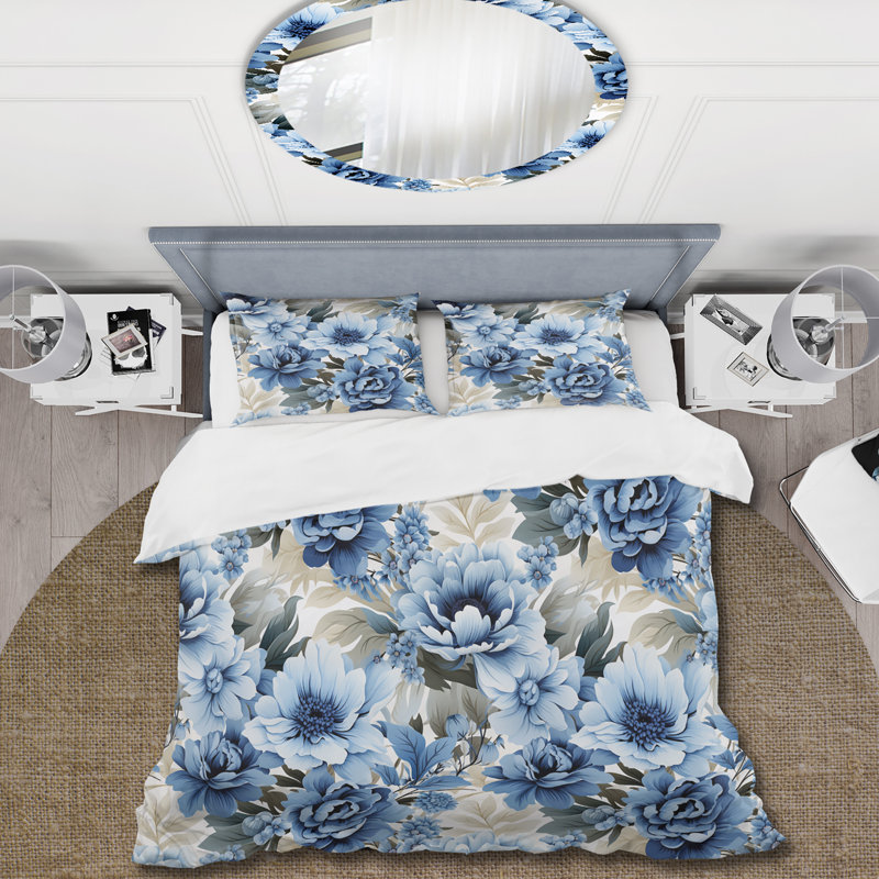 Ensemble de housse de couette floral à motif victorien bleu et blanc, Housse de couette simple + 1 taie décorative stan