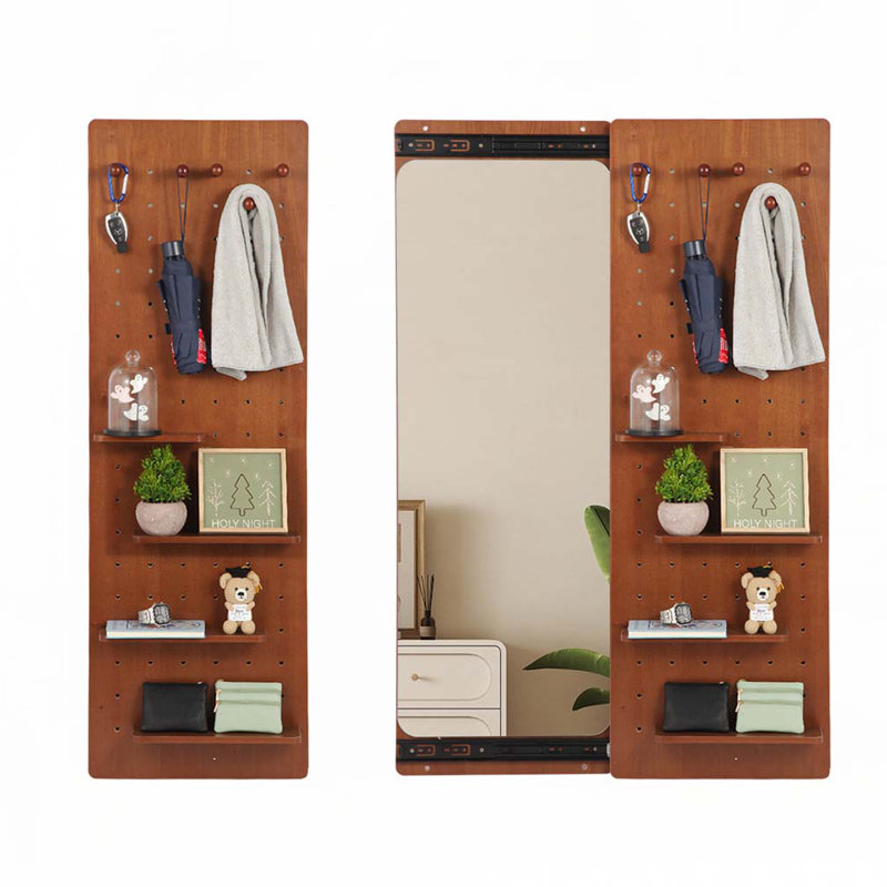 47.6"H Wall Mounted Full Length Mirror with Sliding Pegboard Panel, 4 Shelves & 5 Hooks, Walnut