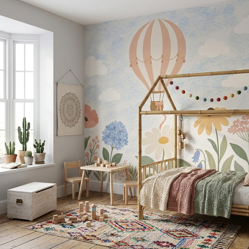 Décoration murale amovible en forme de montgolfière, 160 po x 108 po, Non tissé
