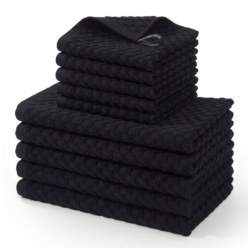 10Pcs Cotton Kitchen Towels Set, Absorbent Dish Towels for Kitchen, Waffle Weave Dish Cloths, 2 Sizes, Black, 100% Ring Spun Cotton