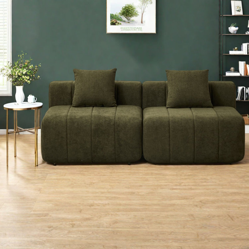 Canapé modulaire 2 places en chenille verte compacte, maison moderne