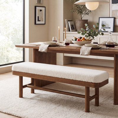 55'' Solid Wood Bench with Removable Faux Shearling Cushion, Farmhouse Upholstered Bench for Bedroom, Entryway, Window Hallway, Cloakroom & Dining Room