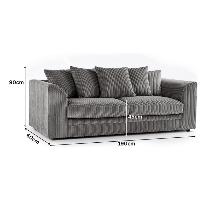 3 Seater Corduroy Sofa, Grey, 90cm H x 190cm W x 90cm D
