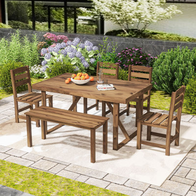 6-Piece Acacia Wood Patio Dining Table Set with Chairs and Bench for Garden, Backyard