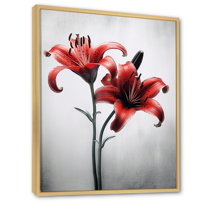 Pétales de lis rouges et gris sur toile, Cadre naturel flottant, H 44 po x l 34 po x P 1,5 po