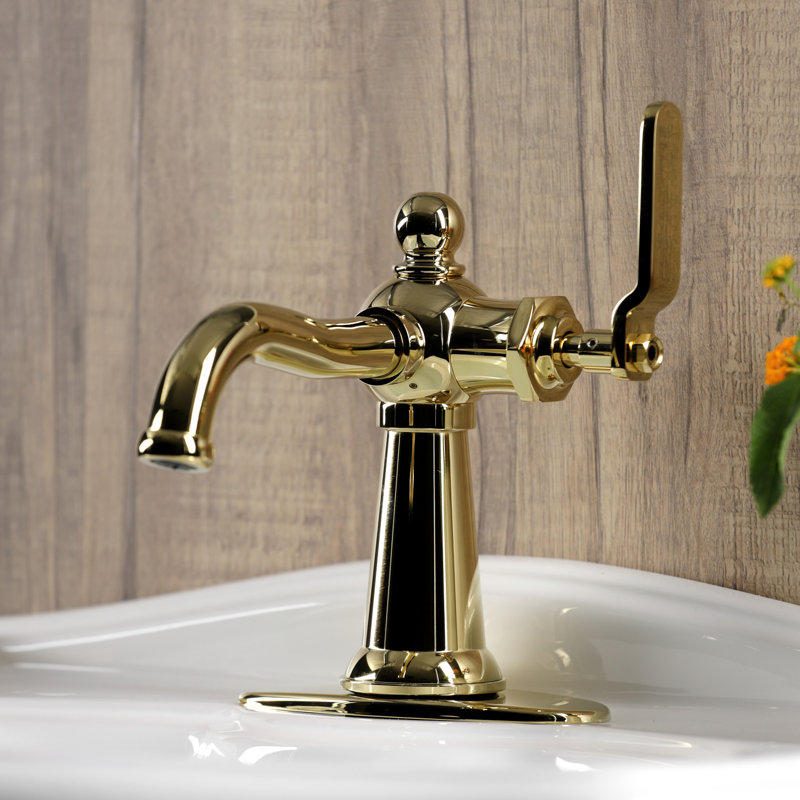 Kingston Brass Knight Single-Handle 1-Hole Deck Mount Bathroom Faucet with Push Pop-Up and Deck Plate, Polished Brass