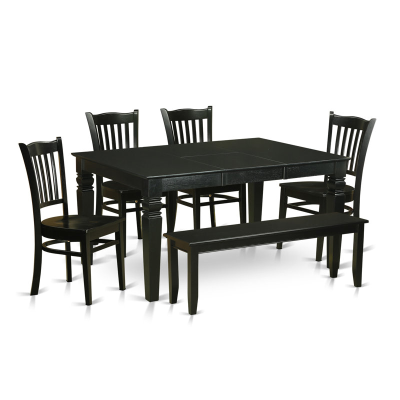 6 Piece Kitchen Table Set Contains a Rectangle Dining Table with Butterfly Leaf and 4 Dining Chairs with a Bench, Black