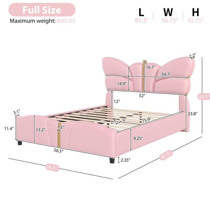Lit rembourré en cuir de polyuréthane rose avec tête de lit d'inspiration papillon, structure en métal, structure, pas de sommier tapissier requis, accents faciles à assembler, base, ressort, assemblage rapide