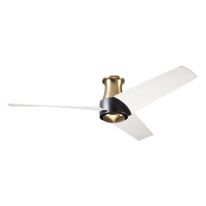 Ambit Flush Mount Ceiling Fan, Satin Brass/Matte Black, Handheld Remote Control, Whitewash