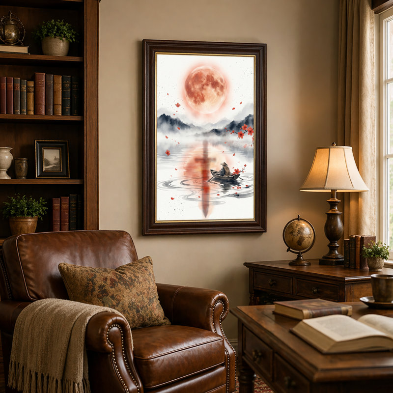 Art mural antique sur toile encadré doré pour le salon, la chambre à coucher, le bureau ou le vestibule - décoration murale décorative avec reflet de la lune