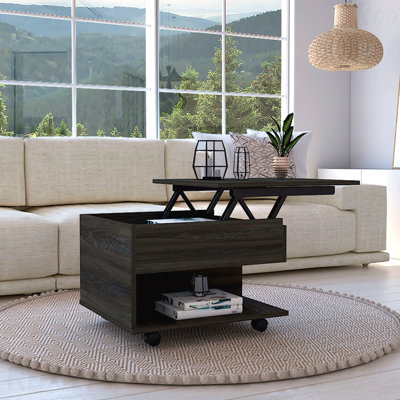 Table basse à plateau relevable avec roulettes et finition espresso carbone