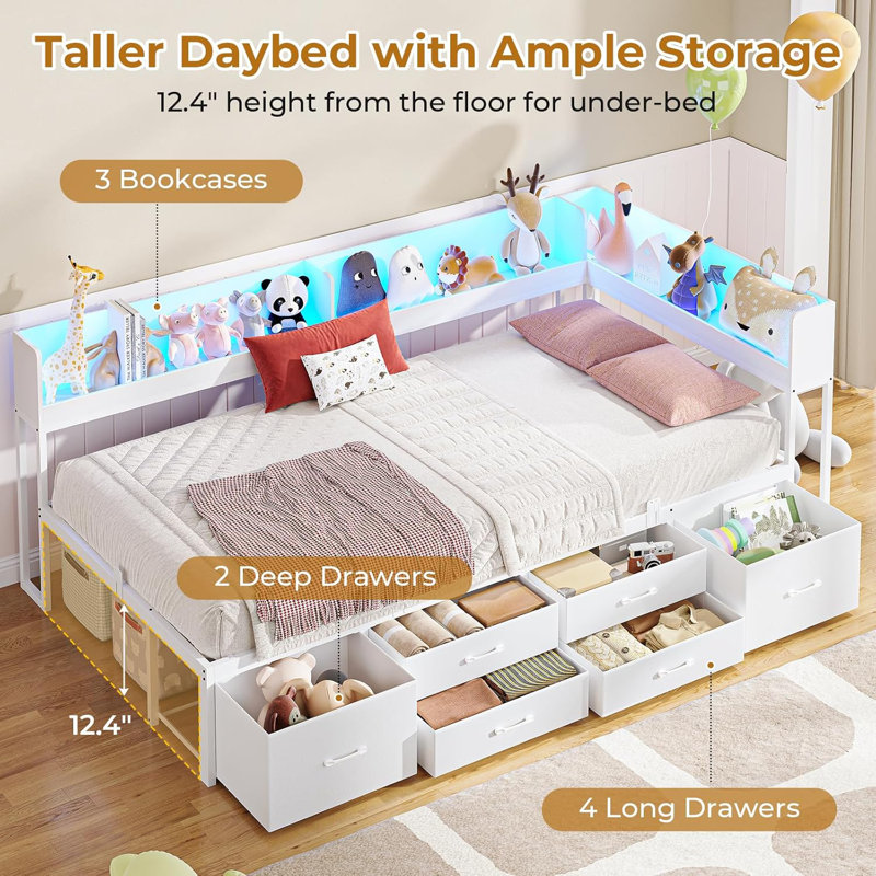 Twin XL Daybed with 6 Drawers LED Corner Bed with Bookcase & Charging Station Metal Platform Bed Frame for Bedroom, Guest Room, White
