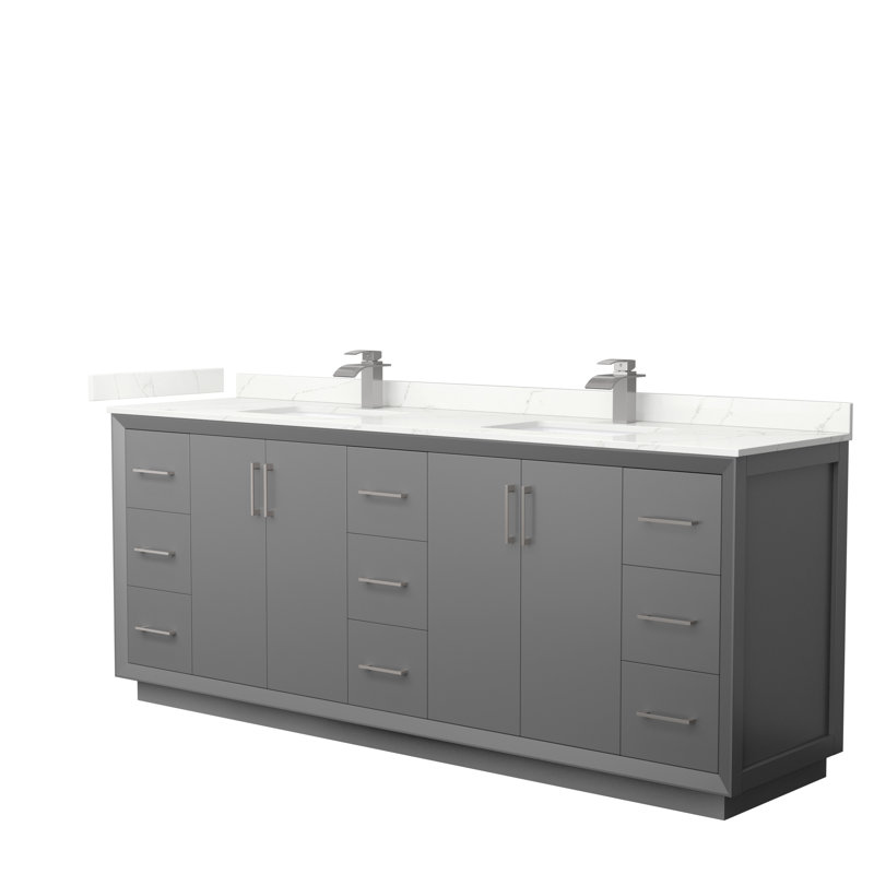 Meuble-lavabo double avec plateau Strada 84, Quartz Giotto, Gris foncé, Bronze satiné