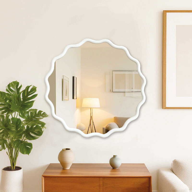 Miroir décoratif rond blanc en bois massif ondulé de 36 pouces, pour chambre à coucher, salle de bain, salon, entrée
