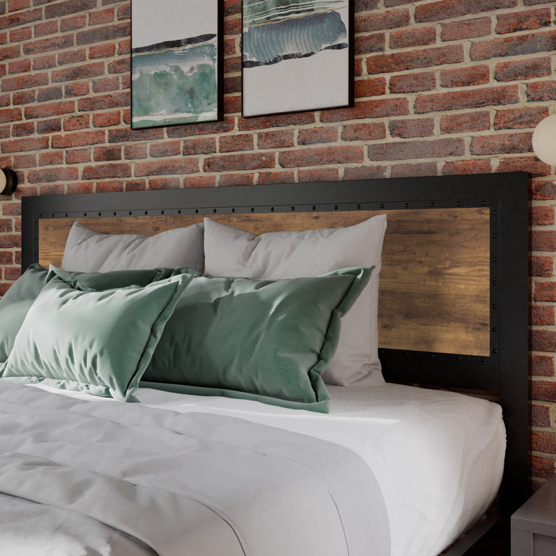 Marla Rivet Metal Frame Platform Bed with Industrial-Inspired Style Headboard , Full/Double, Wood-grain Brown