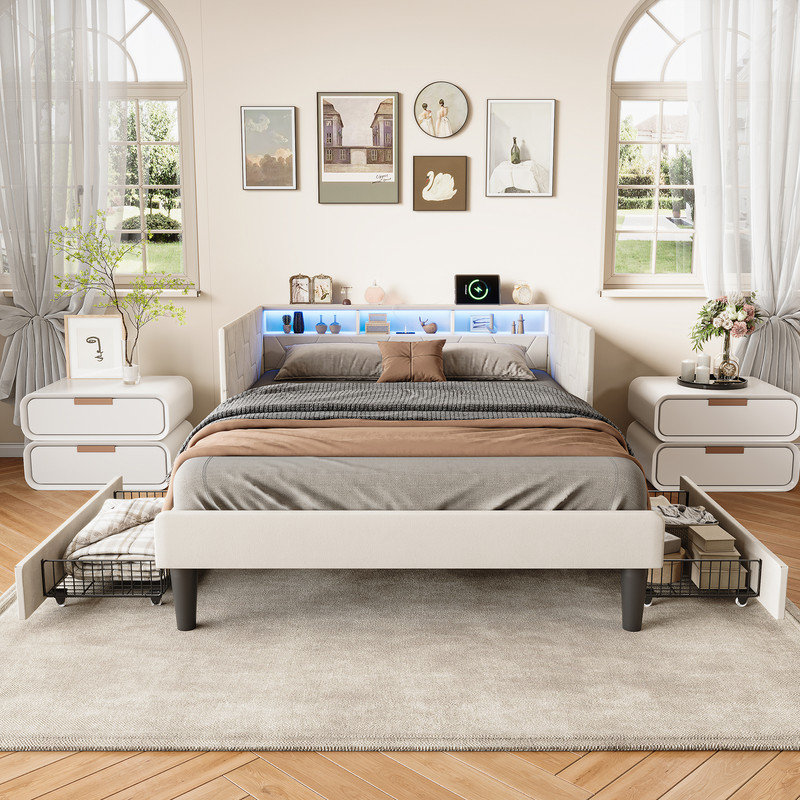 Upholstered Daybed with 2 Storage Drawers,Single Sofa Bed, Beige, 140*200 cm