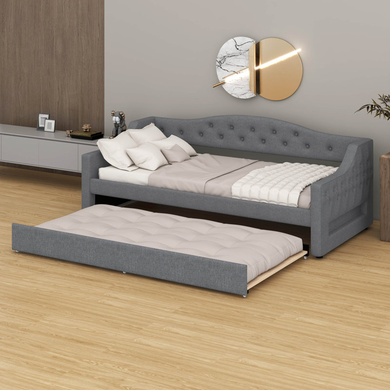 Twin XL Size Linen Tufted Daybed – Sofa Bed Design, LED Belt & Trundle Included, Gray