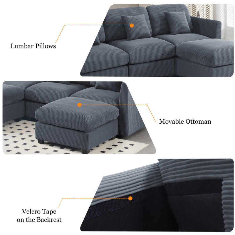 U-Shape Modular Sectional Sofa, 6-Seat Corduroy Convertible Couch with 2 Removable Ottomans & Throw Pillows, Oversized Corner Sofa with Ottoman Modules for Living Room, Apartment, Large Space