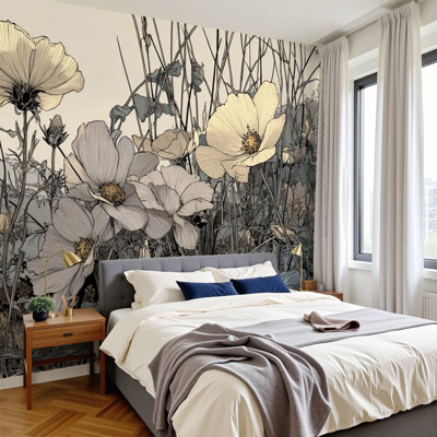 Papier peint pelez et collez, pétales neutres à lumière douce, fleurs sauvages, œuvre d'art botanique murale rustique 100 po H x 144 po, amovible, papier mural en PVC, décoration murale auto-adhésive pour chambre à coucher, bureau à domicile