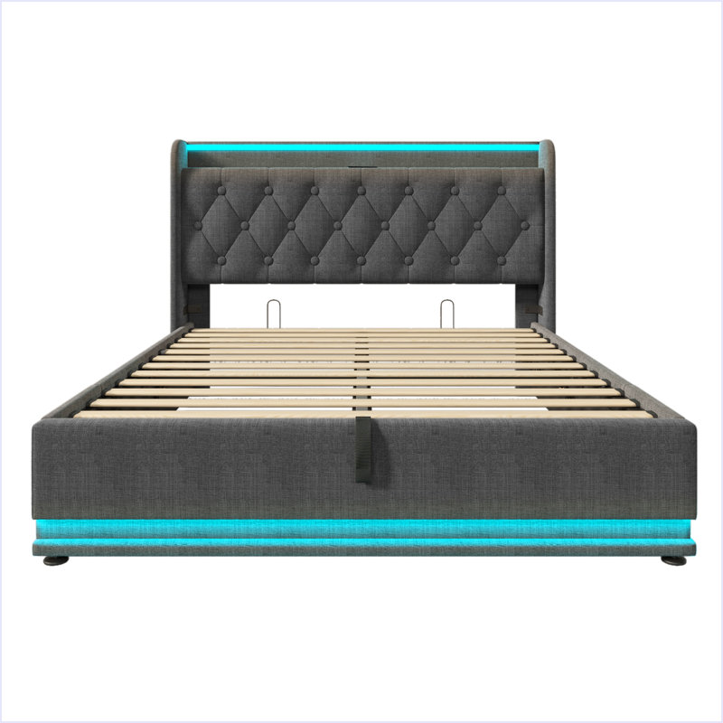 Upholstered Bed, 360 Surround LED Function, Buttons/Apps/Remote Control, Hydraulic Storage Bed With USB Type-C Charging, Grey