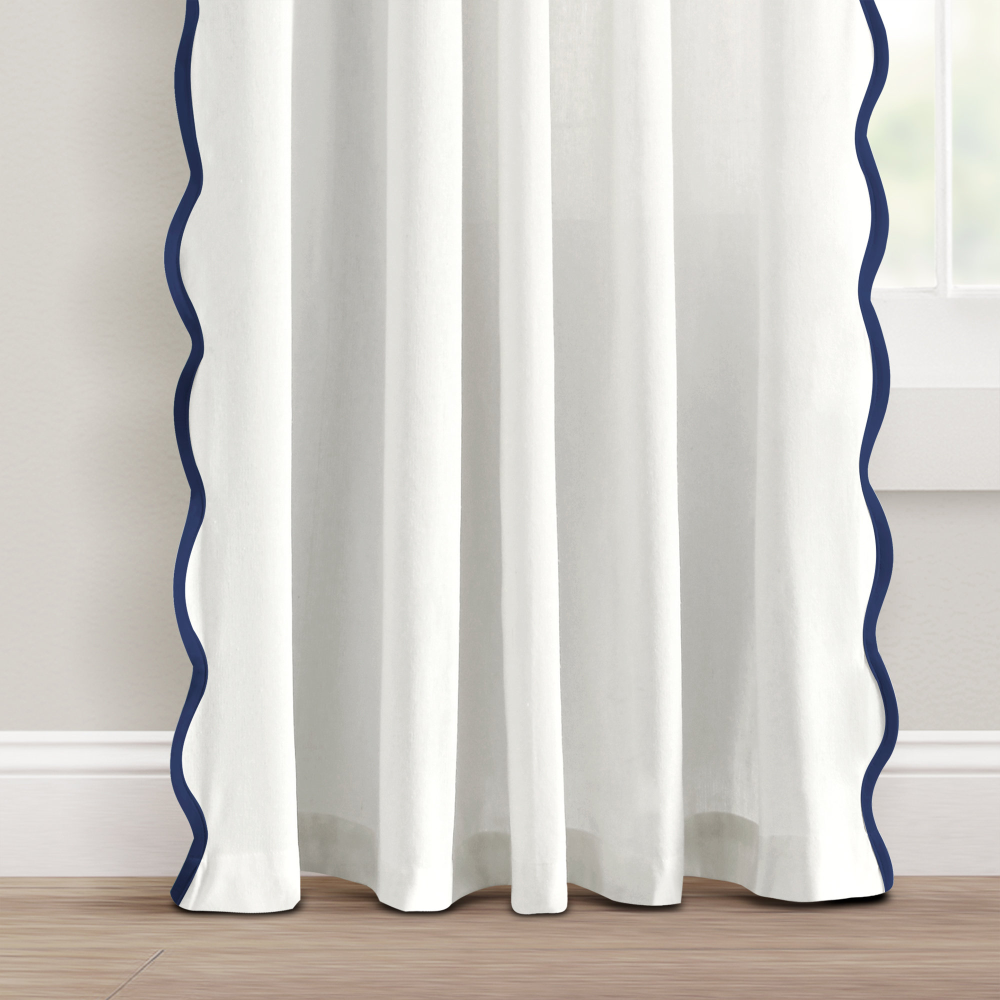 Yolonda Semi Sheer Cotton Blend Curtain, 52'' W x 84'' L, Navy/White