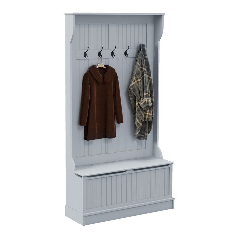 38" 3-In-1 Entryway Hall Tree With Storage Bench, Coat Rack With Four Hooks And Shoe Storage, Gray, Gray