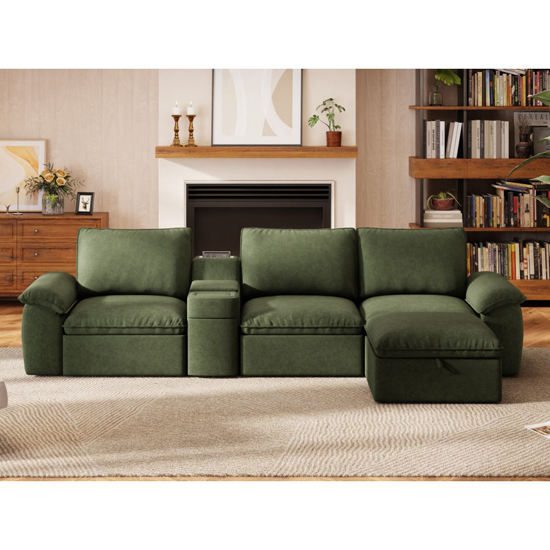 Canapé modulaire 3 places avec repose-pieds et table de bout, Mélange de polyester vert