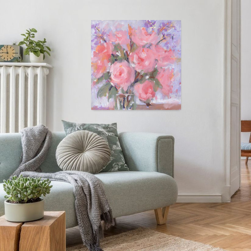 Champagne, roses, art floral contemporain, H 32 po x l 32 po