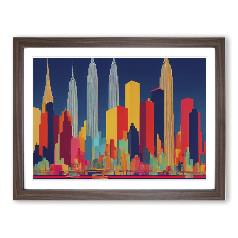 New York Skyline Retro Abstract - Single Picture Frame Print, 25cm H x 34cm W, Brown