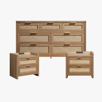 Ensemble de chambre à coucher en rotin 3 pièces avec ports de chargement USB (commode 6 tiroirs + 2 tables de chevet)