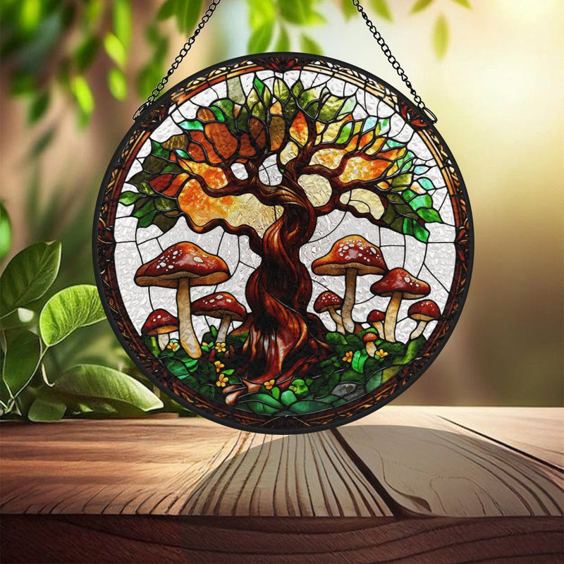 Arbre de vie avec panneaux de vitrail en verre coloré pour décoration de fenêtre, 11,8 x 11,8 po (30 x 30 cm)