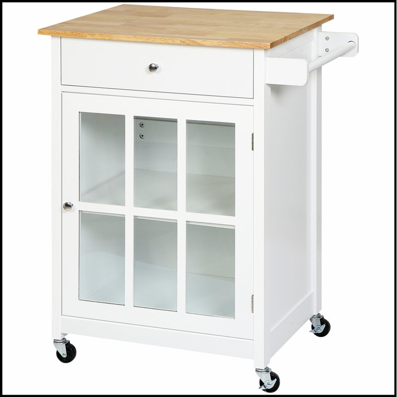 Chariot d'îlot de cuisine 27 pouces avec tiroir, armoire de porte en verre et tablette réglable pour un rangement amélioré